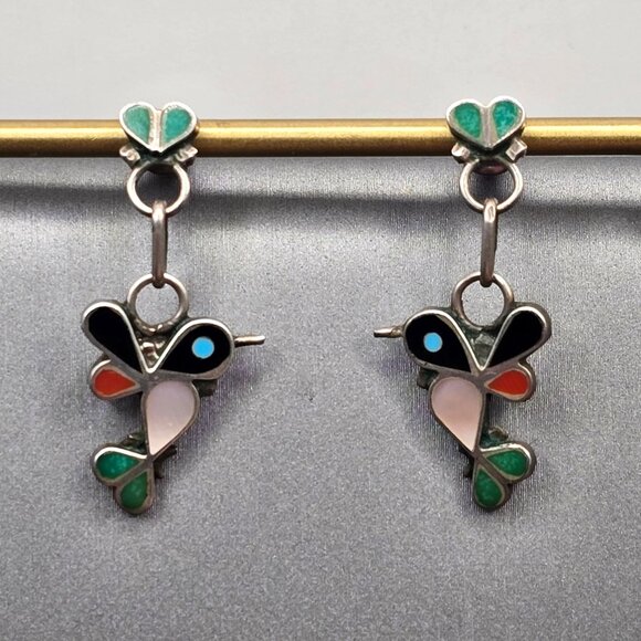 Zuni Jewelry - VTG Zuni Sterling Silver Inlay Hummingbird Dangle Earrings 1.25" Multi Gemstone